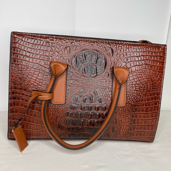 Brown Satchel Handbag Faux Leather Gold Trim - Picture 1 of 6